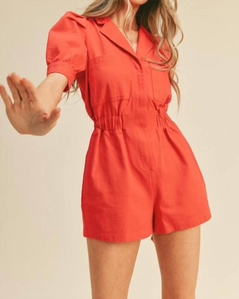 Front of a model wearing a size Large Have A Little Fun Romper In Red in Red by &merci. | dia_product_style_image_id:347308
